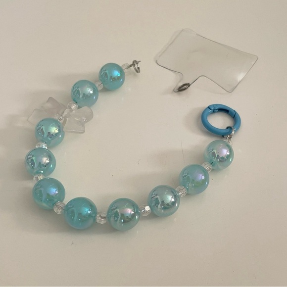 Large Blue Beaded with Clear Bow Charm Phone Accessory Wristlet with Phone Tab - Picture 12 of 15
